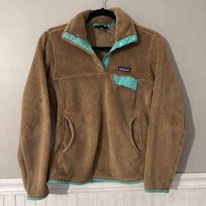 Women’s Patagonia Retool Snap T Pullover Jacket Size Small Fleece Tan Teal EUC